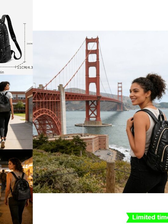 Studded Backpack Punk Rock Style Streetwear Backpack with Silvery Rivets main image 5